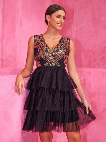 Joyfunear Women's Patchwork Glitter Mesh Hem Mini Sleeveless Party Dress