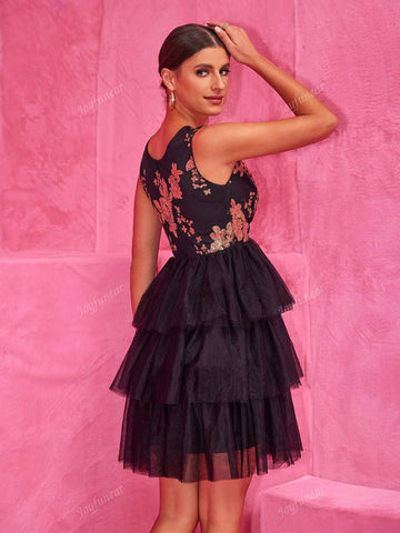 Joyfunear Women's Patchwork Glitter Mesh Hem Mini Sleeveless Party Dress