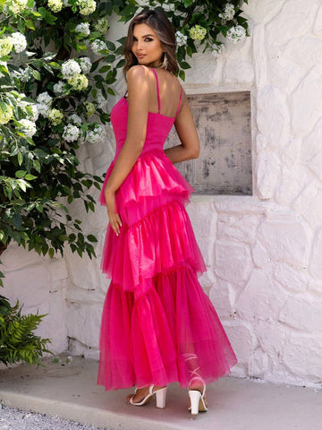 Joyfunear Women's Patchwork Mesh Ruffle Trimmed Cami Dress With Decorated For Cocktail Party