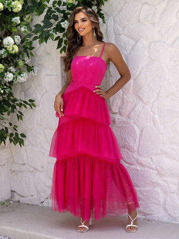 Joyfunear Women's Patchwork Mesh Ruffle Trimmed Cami Dress With Decorated For Cocktail Party