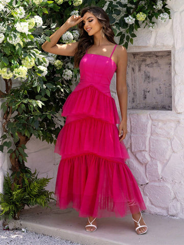 Joyfunear Women's Patchwork Mesh Ruffle Trimmed Cami Dress With Decorated For Cocktail Party