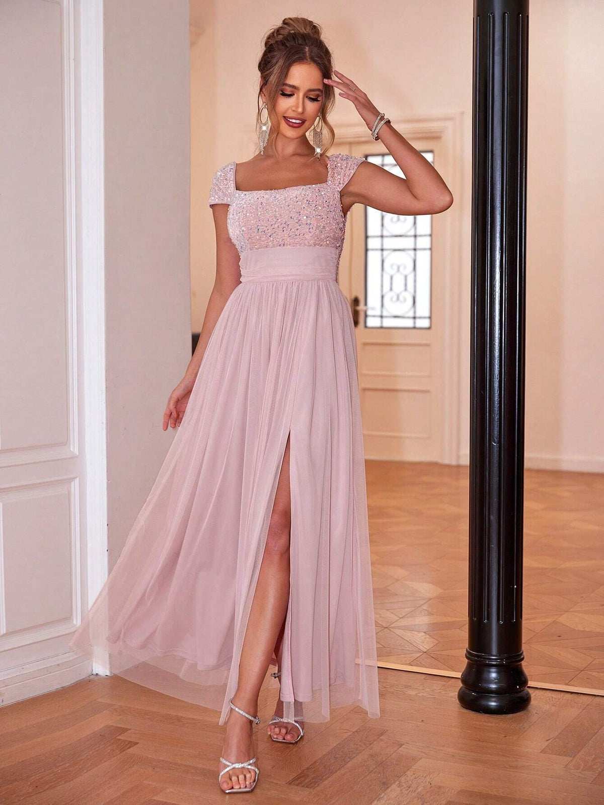 Joyfunear Women's Sequined Square Neck Split Bodycon Dress