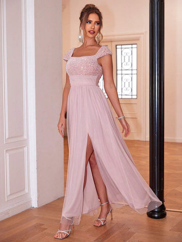 Joyfunear Women's Sequined Square Neck Split Bodycon Dress