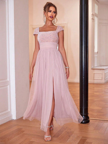 Joyfunear Women's Sequined Square Neck Split Bodycon Dress