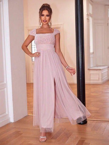 Joyfunear Women's Sequined Square Neck Split Bodycon Dress