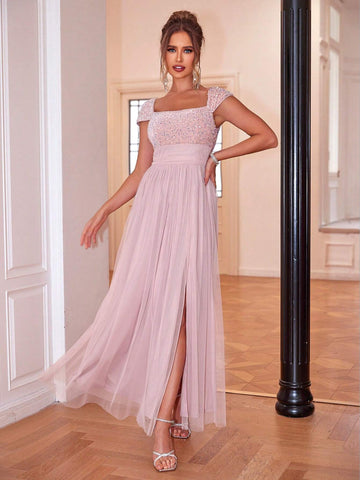 Joyfunear Women's Sequined Square Neck Split Bodycon Dress