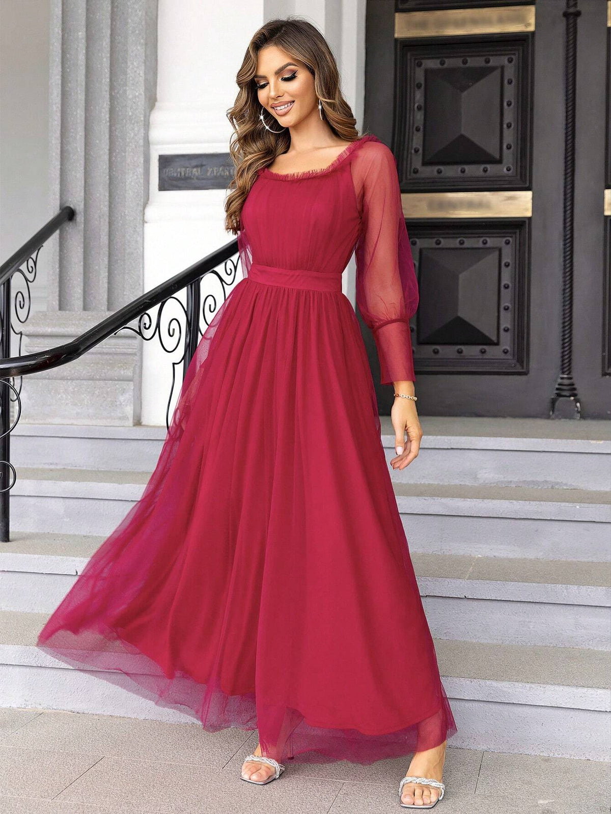 Joyfunear Women's Square Neck Mesh Patchwork Evening Gown