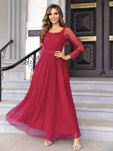 Joyfunear Women's Square Neck Mesh Patchwork Evening Gown