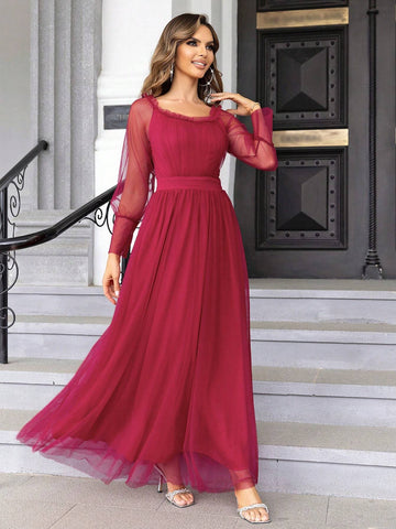 Joyfunear Women's Square Neck Mesh Patchwork Evening Gown