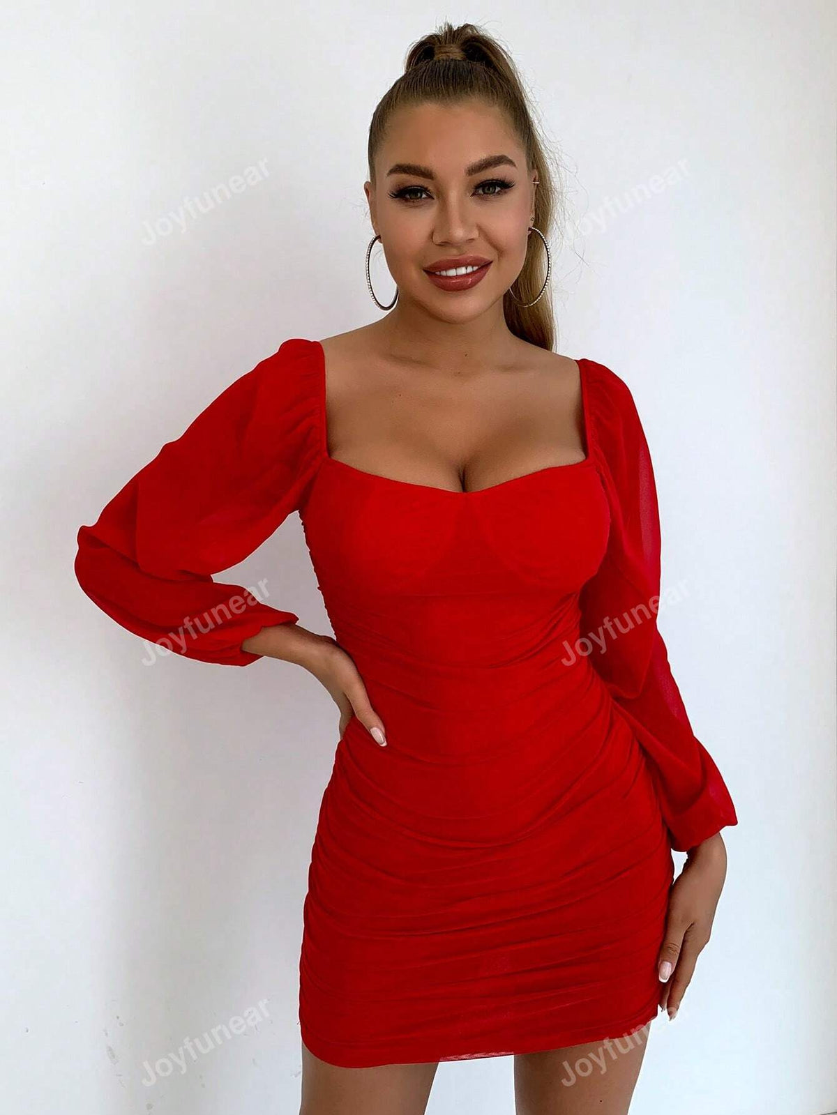 Joyfunear Women's Summer Fashion Solid Color Lantern Sleeve Bodycon Mini Dress With Pleats