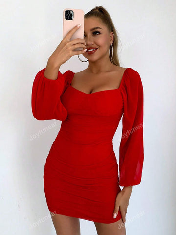 Joyfunear Women's Summer Fashion Solid Color Lantern Sleeve Bodycon Mini Dress With Pleats