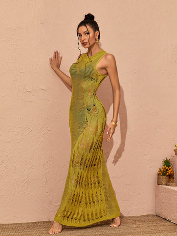 Julieta Hollow Knitted Maxi Dress In Green