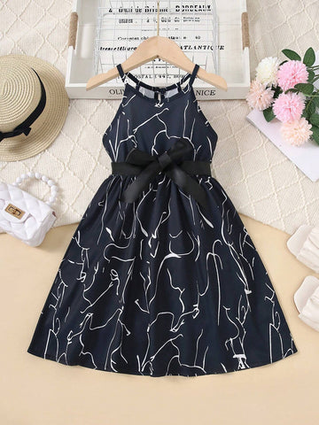 June Festival Halter Neck Sleeveless Black & White Printed Belted Dress For Girls