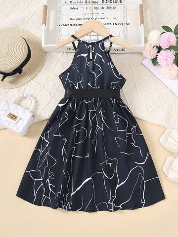 June Festival Halter Neck Sleeveless Black & White Printed Belted Dress For Girls