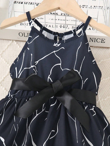 June Festival Halter Neck Sleeveless Black & White Printed Belted Dress For Girls
