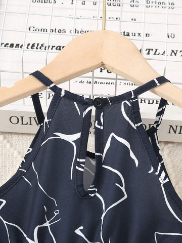 June Festival Halter Neck Sleeveless Black & White Printed Belted Dress For Girls