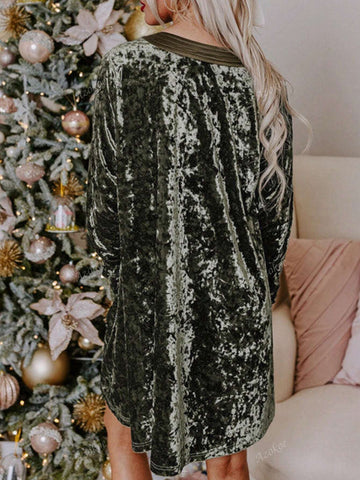 Jungle Green Velvet Long Sleeve V Neck Loose Dress With Pockets