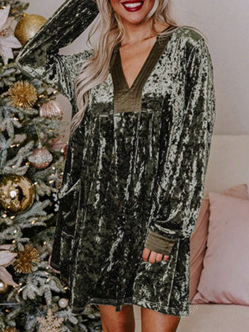 Jungle Green Velvet Long Sleeve V Neck Loose Dress With Pockets