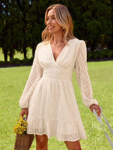 KARISMINA Women's Casual V-Neck Long Sleeve Waist Ruffle Hem Midi Dress, Textured, Spring/Summer