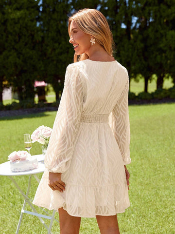 KARISMINA Women's Casual V-Neck Long Sleeve Waist Ruffle Hem Midi Dress, Textured, Spring/Summer