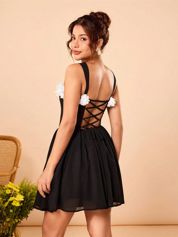 KATLO SKEYS Black Chiffon Puff Skirt With White 3D Flower Lace Up Back Cute Mini Dress