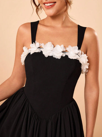 KATLO SKEYS Black Chiffon Puff Skirt With White 3D Flower Lace Up Back Cute Mini Dress