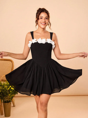 KATLO SKEYS Black Chiffon Puff Skirt With White 3D Flower Lace Up Back Cute Mini Dress