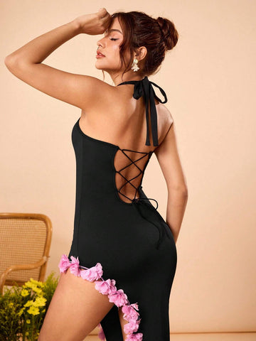 KATLO SKEYS Black Solid Halter Neck Backless Cross Laceup Asymmetry Hem Romantic Mini Dress