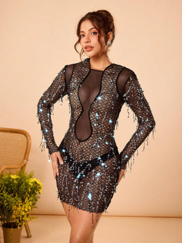 KATLO SKEYS Women Black Sheer Mesh Sequins Cut Out Sexy Party Y2k Bodycon Mini Dress