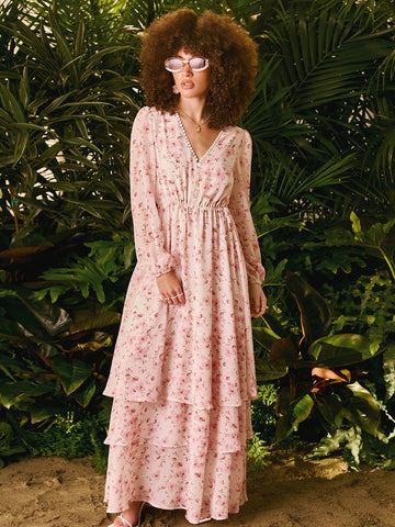 KES Women's Floral Print V-Neck Lantern Sleeve Dress