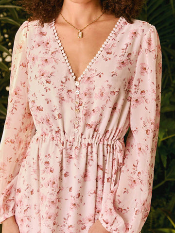 KES Women's Floral Print V-Neck Lantern Sleeve Dress