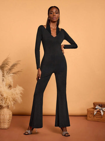 KHELA THE LABEL Black Sweater Matching Backless Long Sleeve Elegant Jumpsuit