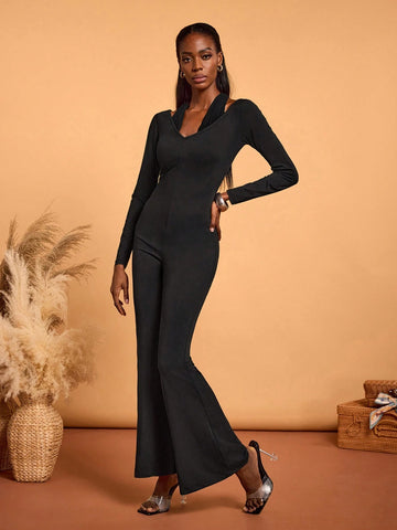 KHELA THE LABEL Black Sweater Matching Backless Long Sleeve Elegant Jumpsuit