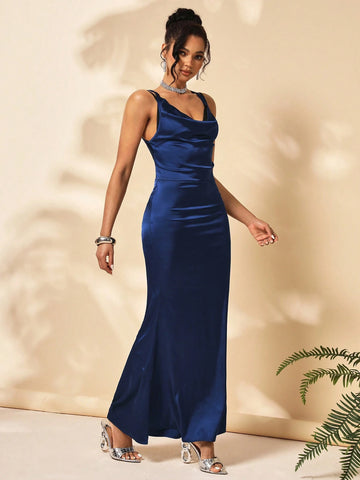 KORE Designer Draped Neck Banquet Matching Long Dress With Lace Back And Spaghetti Straps