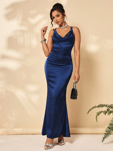 KORE Designer Draped Neck Banquet Matching Long Dress With Lace Back And Spaghetti Straps