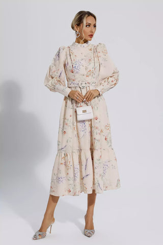 Katie Apricot Floral Long Sleeve Midi Dress
