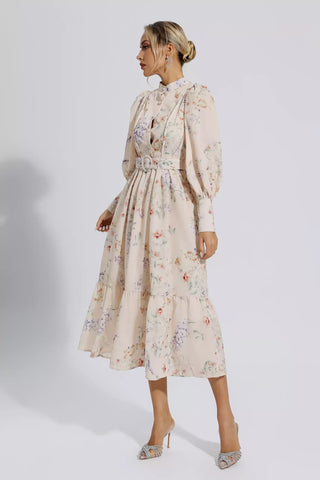 Katie Apricot Floral Long Sleeve Midi Dress