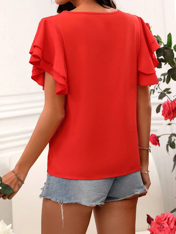 Keyhole Neckline Double Layered Short Sleeve Flare Blouse