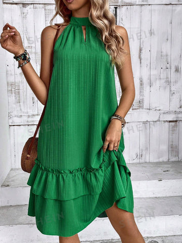 Keyhole Neckline Sleeveless Dress With Ruffle Hem
