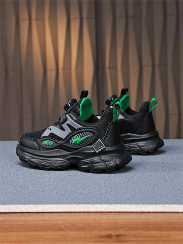 Kid Boy Black Breathable Odor-Resistant Elastic Strap Sports Shoes, Casual Sneakers For Children Larger Size, Autumn