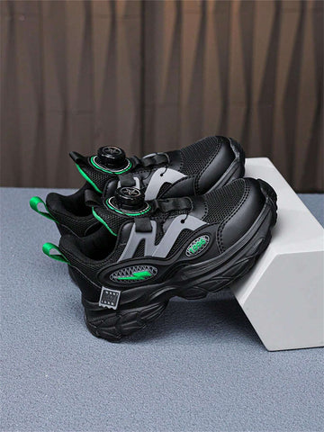 Kid Boy Black Breathable Odor-Resistant Elastic Strap Sports Shoes, Casual Sneakers For Children Larger Size, Autumn