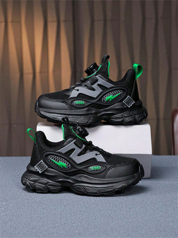Kid Boy Black Breathable Odor-Resistant Elastic Strap Sports Shoes, Casual Sneakers For Children Larger Size, Autumn