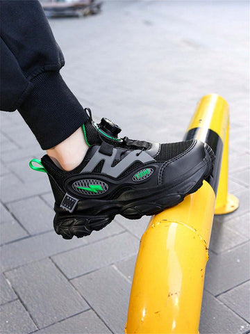 Kid Boy Black Breathable Odor-Resistant Elastic Strap Sports Shoes, Casual Sneakers For Children Larger Size, Autumn