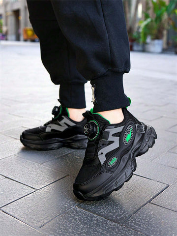 Kid Boy Black Breathable Odor-Resistant Elastic Strap Sports Shoes, Casual Sneakers For Children Larger Size, Autumn