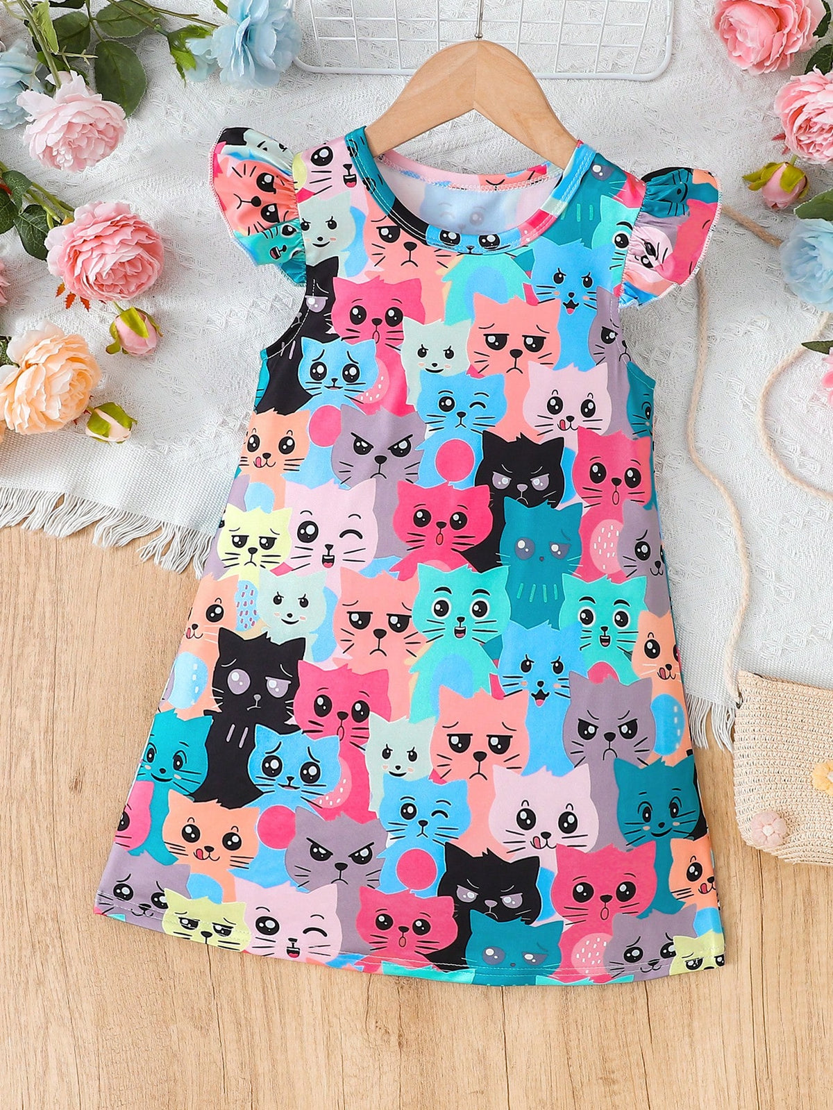 Kid Girls Cute Kittens Print Casual Dress With Ruffled Sleeve, A-Line Swing Dress