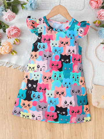 Kid Girls Cute Kittens Print Casual Dress With Ruffled Sleeve, A-Line Swing Dress