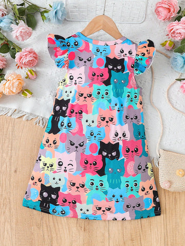 Kid Girls Cute Kittens Print Casual Dress With Ruffled Sleeve, A-Line Swing Dress