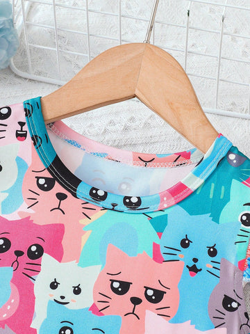 Kid Girls Cute Kittens Print Casual Dress With Ruffled Sleeve, A-Line Swing Dress