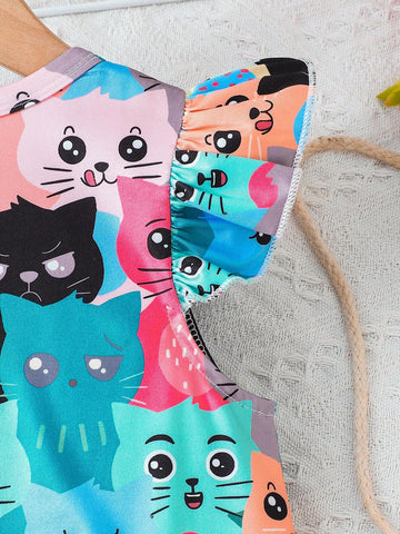 Kid Girls Cute Kittens Print Casual Dress With Ruffled Sleeve, A-Line Swing Dress