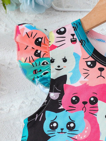 Kid Girls Cute Kittens Print Casual Dress With Ruffled Sleeve, A-Line Swing Dress
